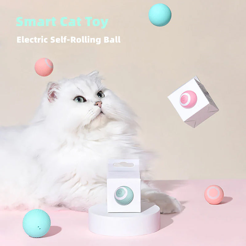 Smart cat ball toy in motion, glowing, encouraging playful exercise for active cats.