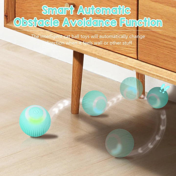 Close-up of smart cat ball, highlighting its textured surface and vibrant LED lights.