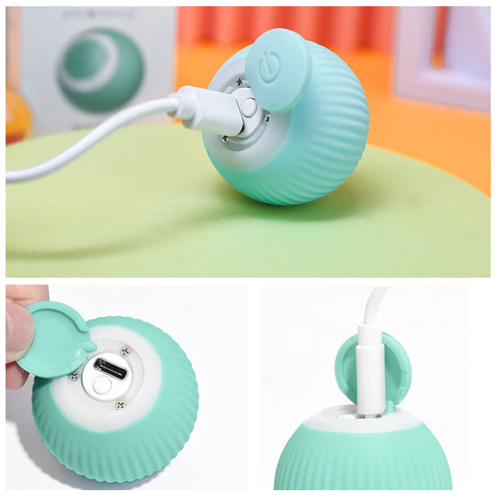 Packaging for the interactive smart cat ball toy, showcasing product benefits.
