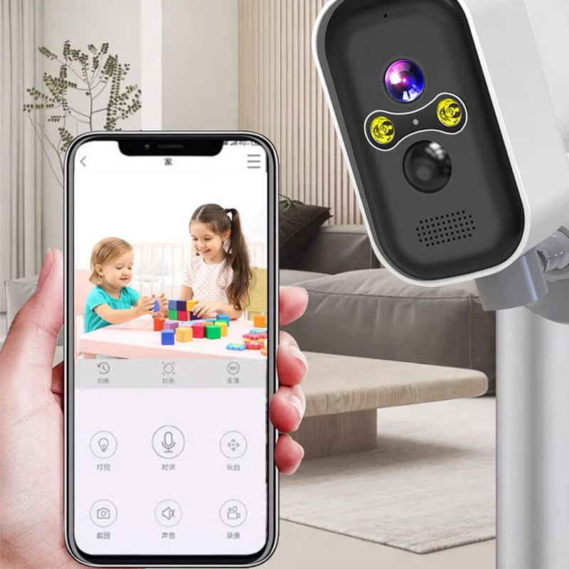 Smart Home Indoor Security Camera with Two-Way Audio, sleek white design on a modern shelf