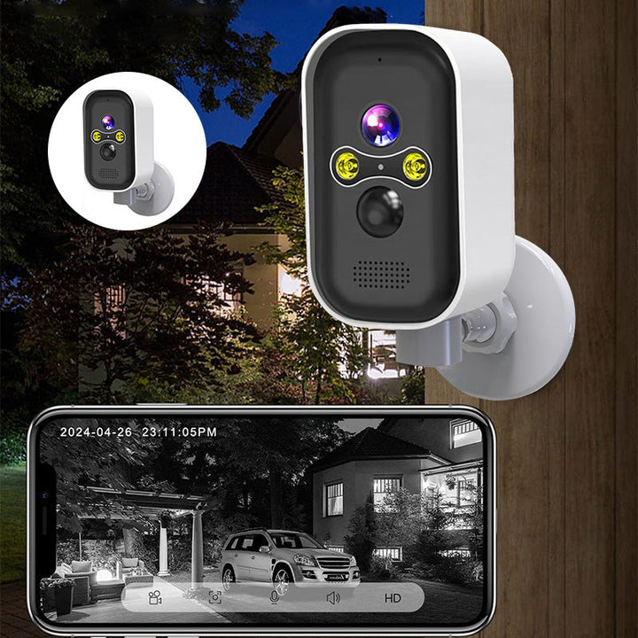 Smart Indoor Camera with two-way audio, illustrating night vision capability in a dark room
