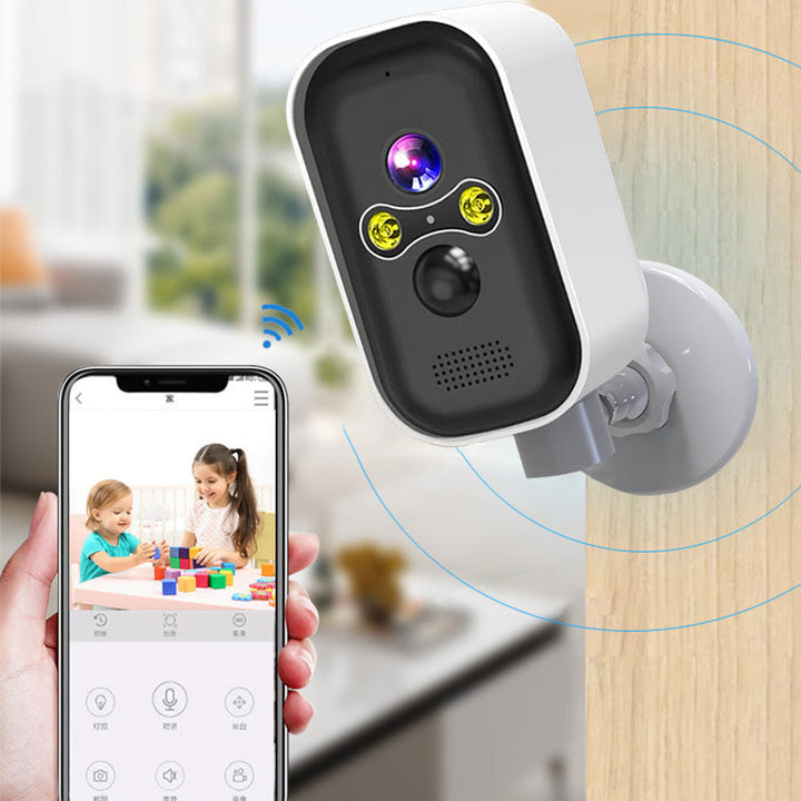 Wifi Indoor Security Camera showing a mobile app interface with live video feed and two-way audio icon
