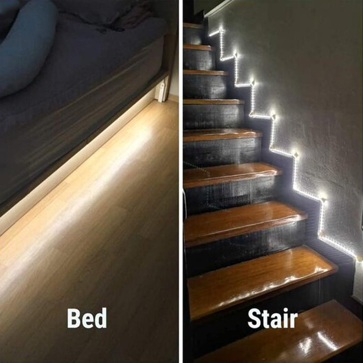 Descriptive image of a smart motion sensing LED strip light, showcasing its flexible design