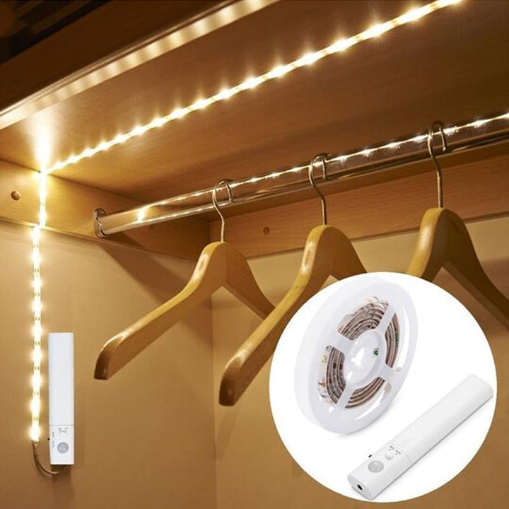 USB powered LED strip light with motion sensor for easy installation in cabinets and more