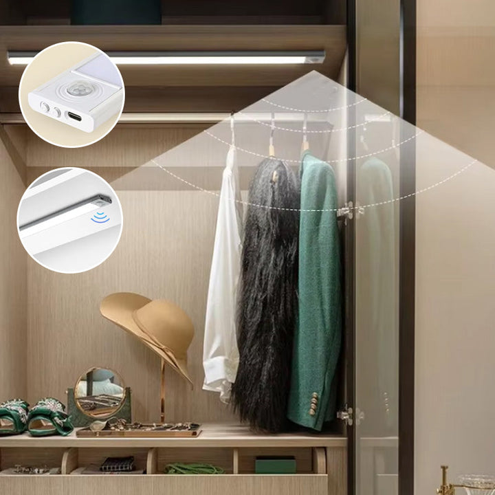 Smart motion sensor LED cabinet light for automatic illumination in closets or under cabinets. Rechargeable & wireless.