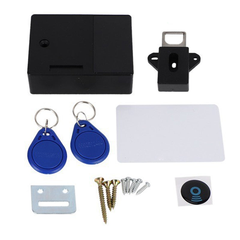 Close-up of smart RFID lock sensor area on a wooden drawer surface