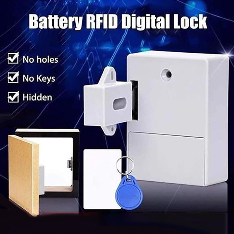 DIY smart electronic lock installation on a wooden drawer, close-up