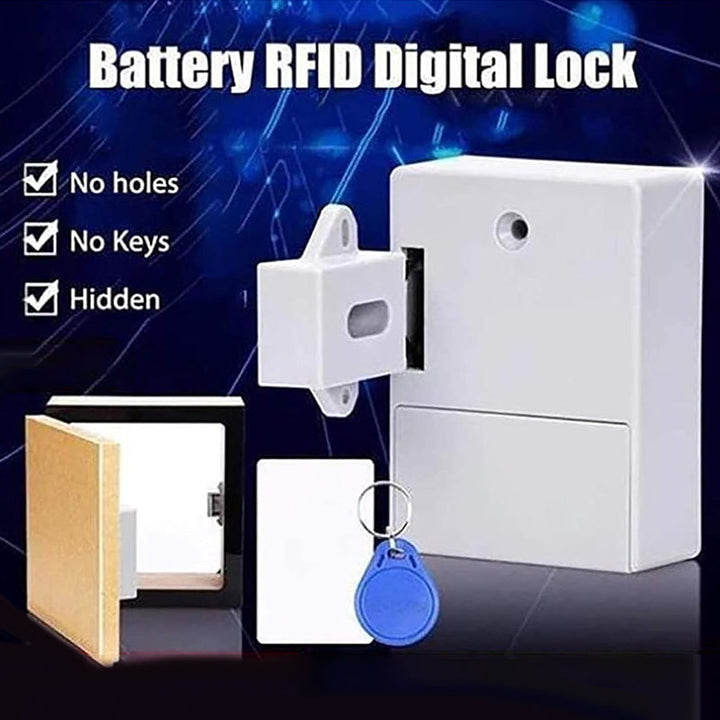 DIY smart electronic lock installation on a wooden drawer, close-up