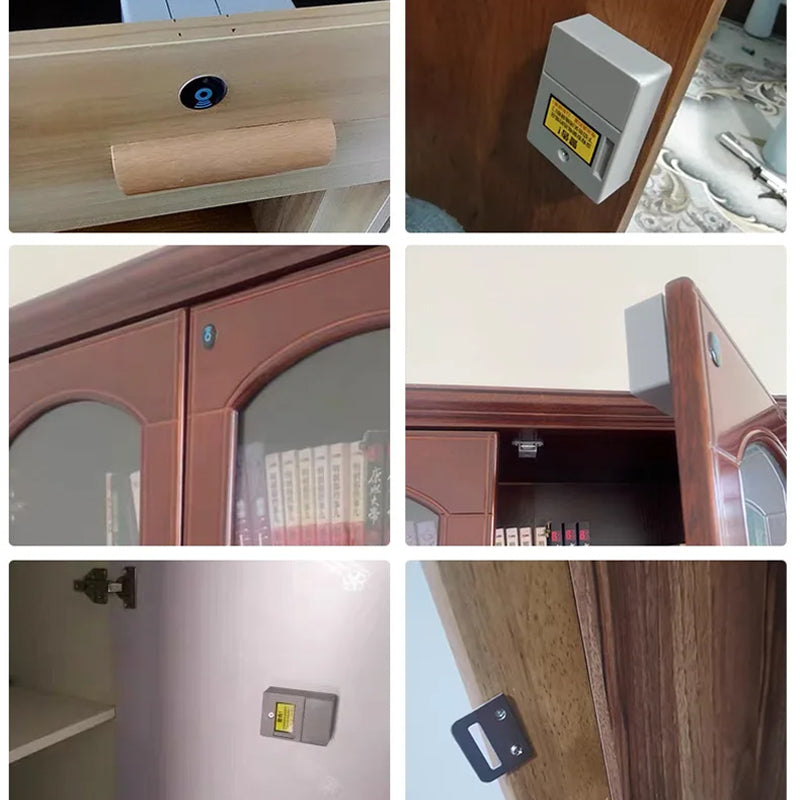 Hand holding RFID card near a wooden drawer with an invisible smart lock