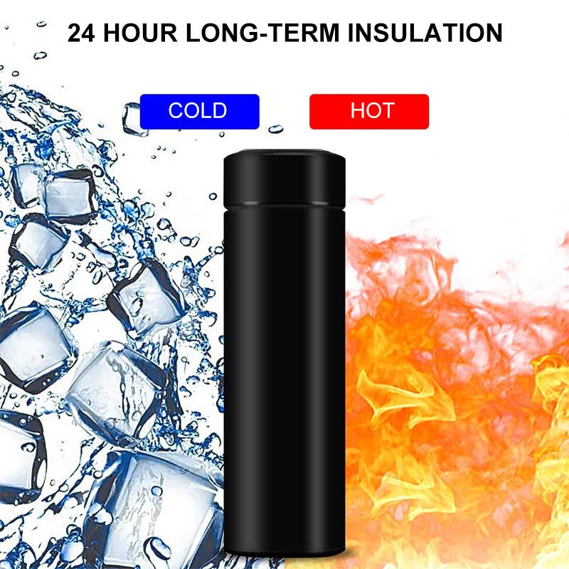 Unisex black stainless steel smart water bottle showing precise temperature on lid, 500ml