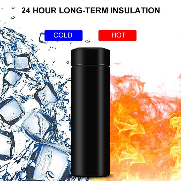 Unisex black stainless steel smart water bottle showing precise temperature on lid, 500ml