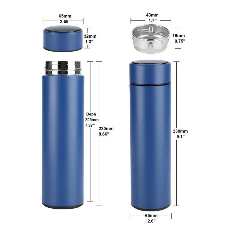 Sleek silver smart water bottle, 500ml, with integrated temperature display for optimal hydration