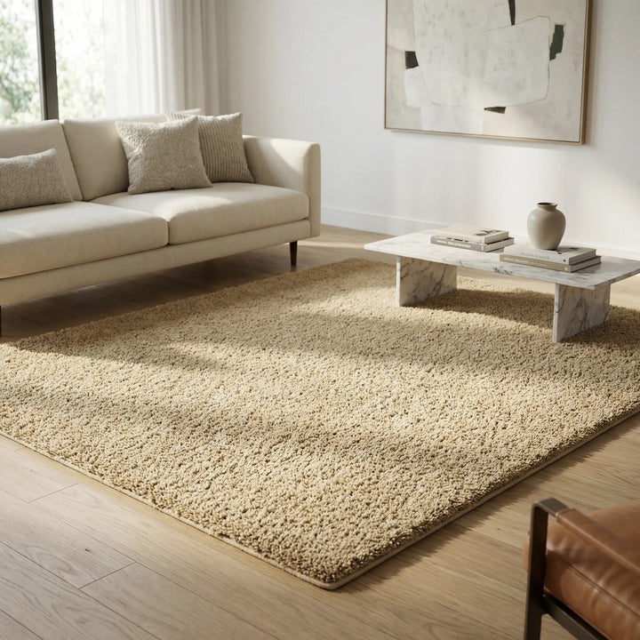 Statement shag area rug with gentle waves, non-slip, ideal for a soft bedroom rug.