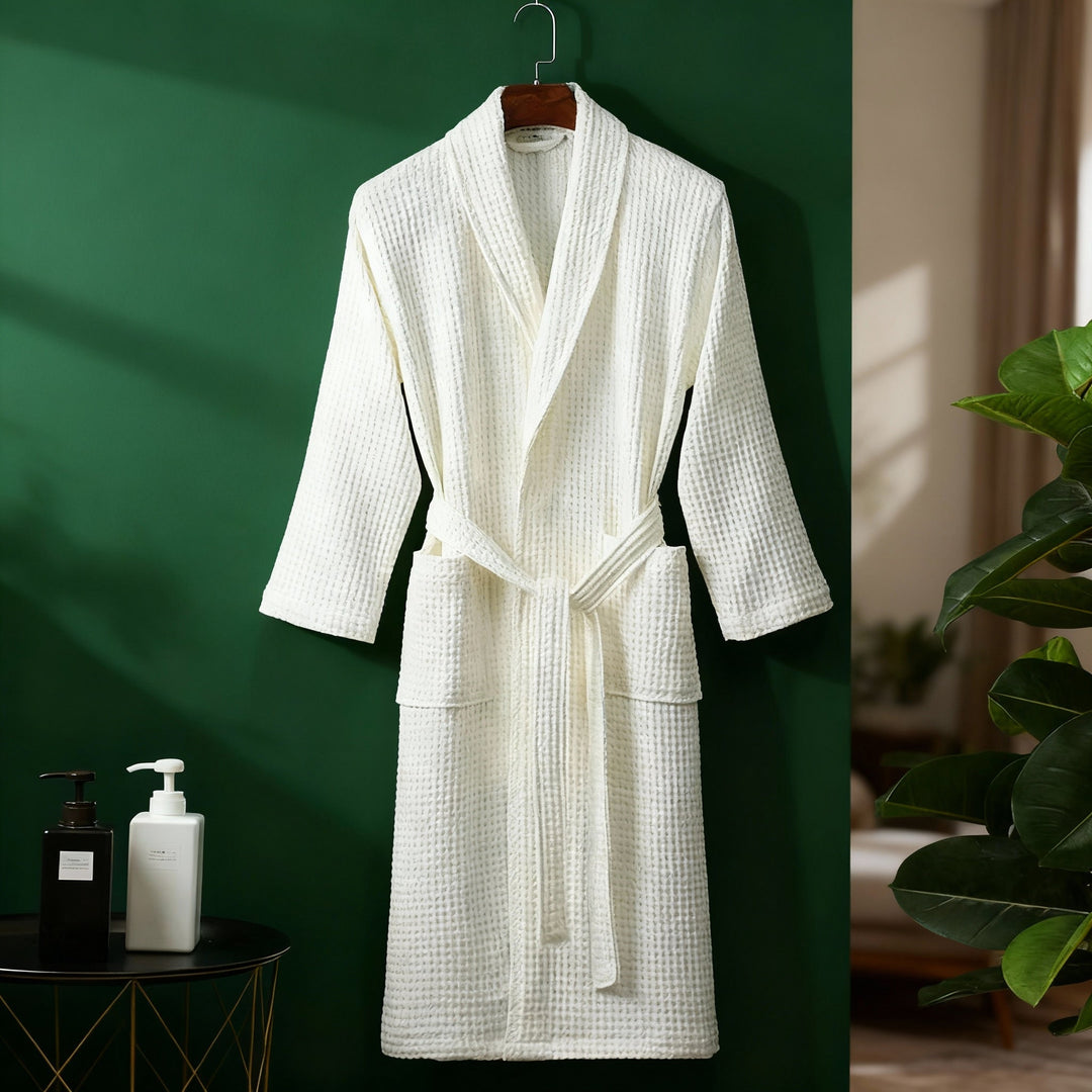 Lightweight women's waffle knit robe in white, ideal for comfortable lounging