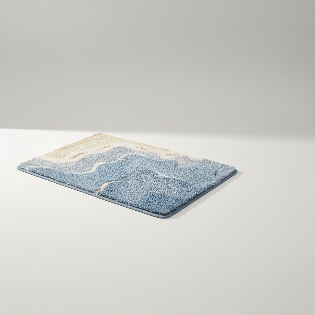 Nature-inspired FjordFluff plush bathroom rug. Super soft, absorbent, and non-slip for cozy floor comfort.