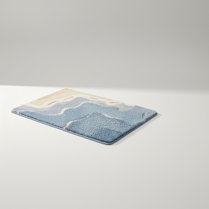Nature-inspired FjordFluff plush bathroom rug. Super soft, absorbent, and non-slip for cozy floor comfort.