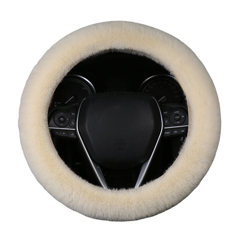 Beige plush steering wheel cover, offering comfort and a warm touch to your car