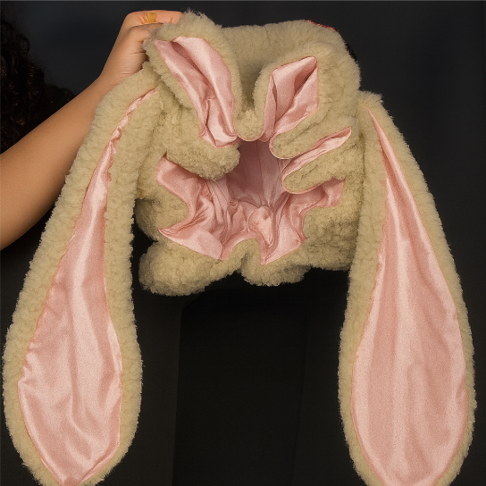 Pretty women's plush bunny hat, a soft, warm bonnet with a gentle lining, perfect for cozy lounge wear.