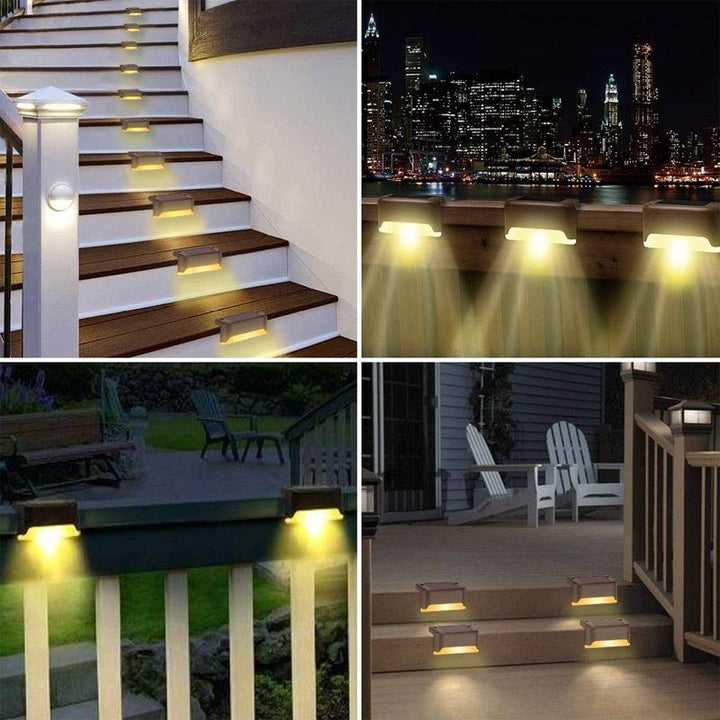 Close-up of a solar powered deck light, waterproof LED, enhancing outdoor garden and fence ambiance