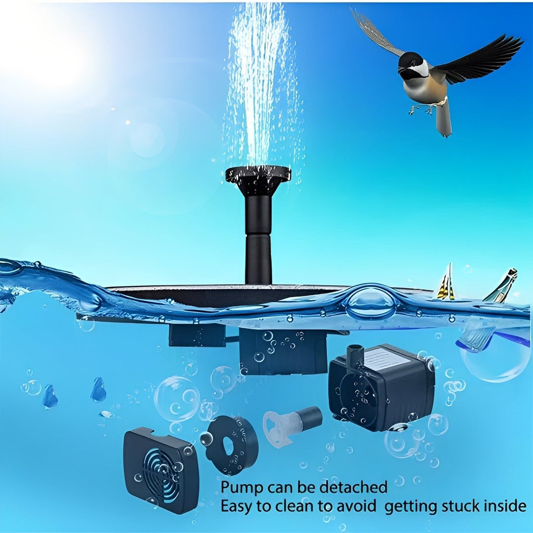 Eco-friendly solar fountain pump creating a beautiful water feature in your garden pond or bird bath.