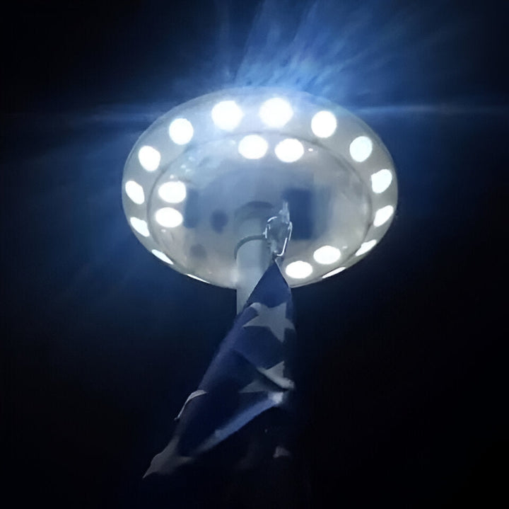 Outdoor solar LED flagpole light ensuring your flag is visible and beautifully lit all night. Easy install.