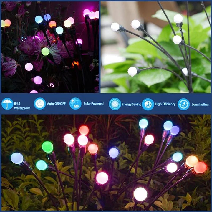 Several waterproof solar LED firefly lights creating a magical ambiance in an outdoor garden