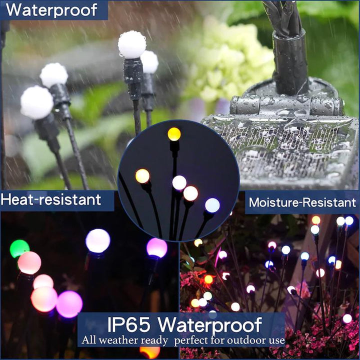 A cluster of solar firefly lights resembling fireflies, providing soft outdoor lighting