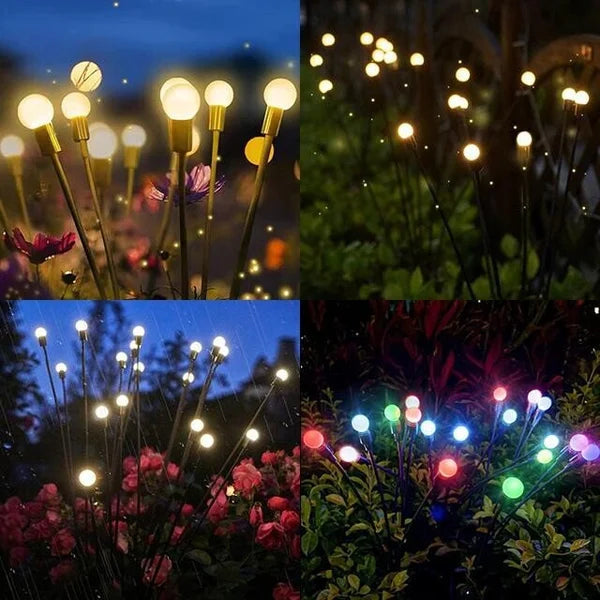Waterproof solar LED firefly garden lights installed along a winding garden pathway