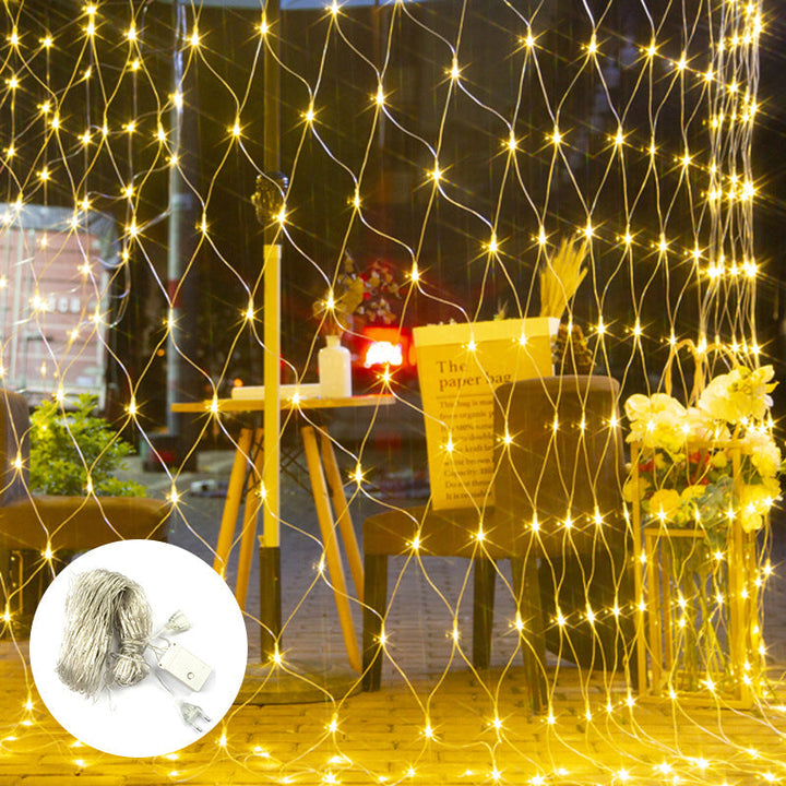 Mesh of warm white LED solar lights, waterproof design for outdoor fairy light decoration