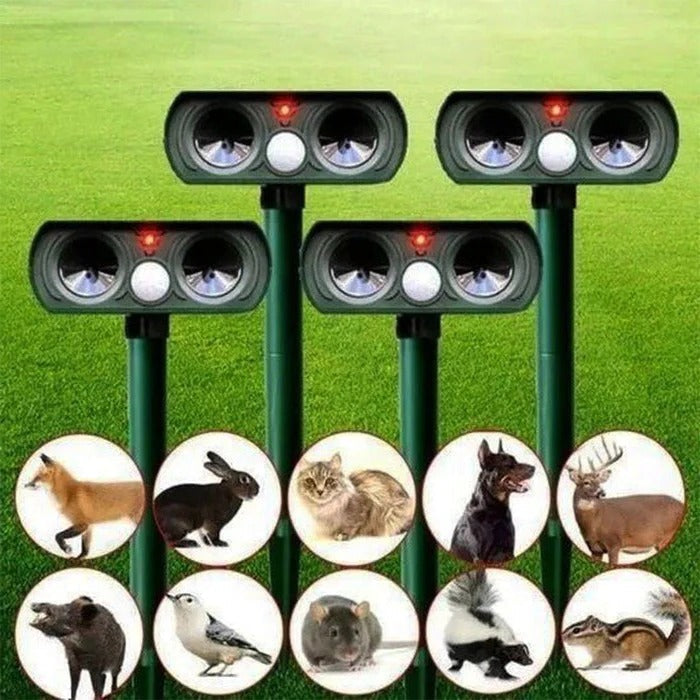 Compact solar garden protector, motion-activated for humane animal deterrence. Weatherproof outdoor security.