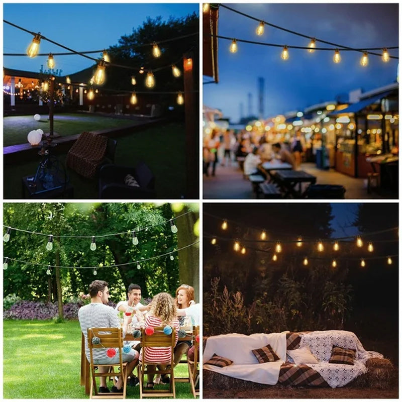 Solar panel charging outdoor LED string lights, demonstrating energy-saving patio lighting
