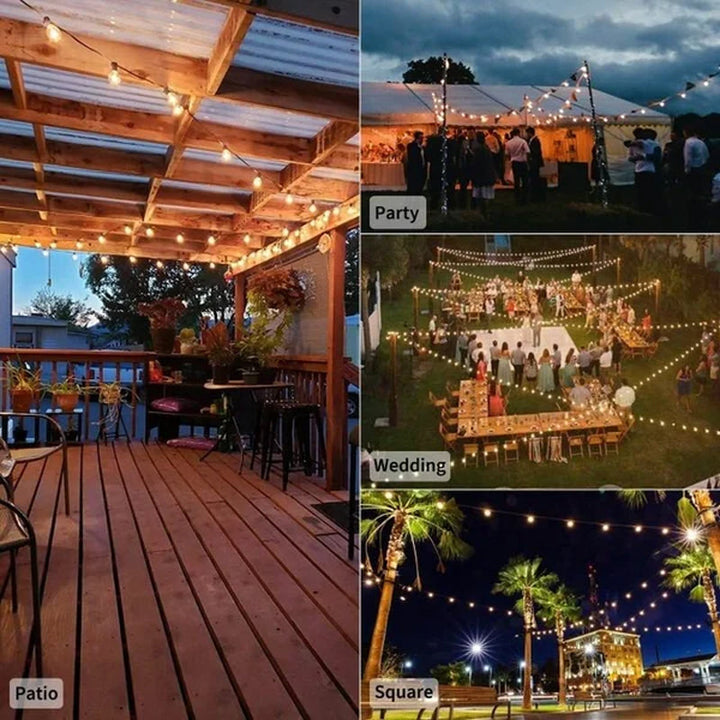 Long strand of solar string lights with clear bulbs, ideal for festive garden and patio decor