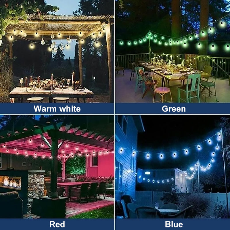 Outdoor LED string lights glowing softly at dusk, powered by solar for sustainable garden lighting