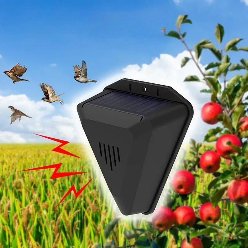 Solar powered outdoor pest deterrent repelling birds, squirrels, raccoons, and cats from gardens & yards.