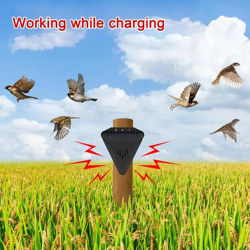 Compact solar bird and pest repeller for outdoor use. Keeps squirrels, cats, and unwanted animals away from your property.