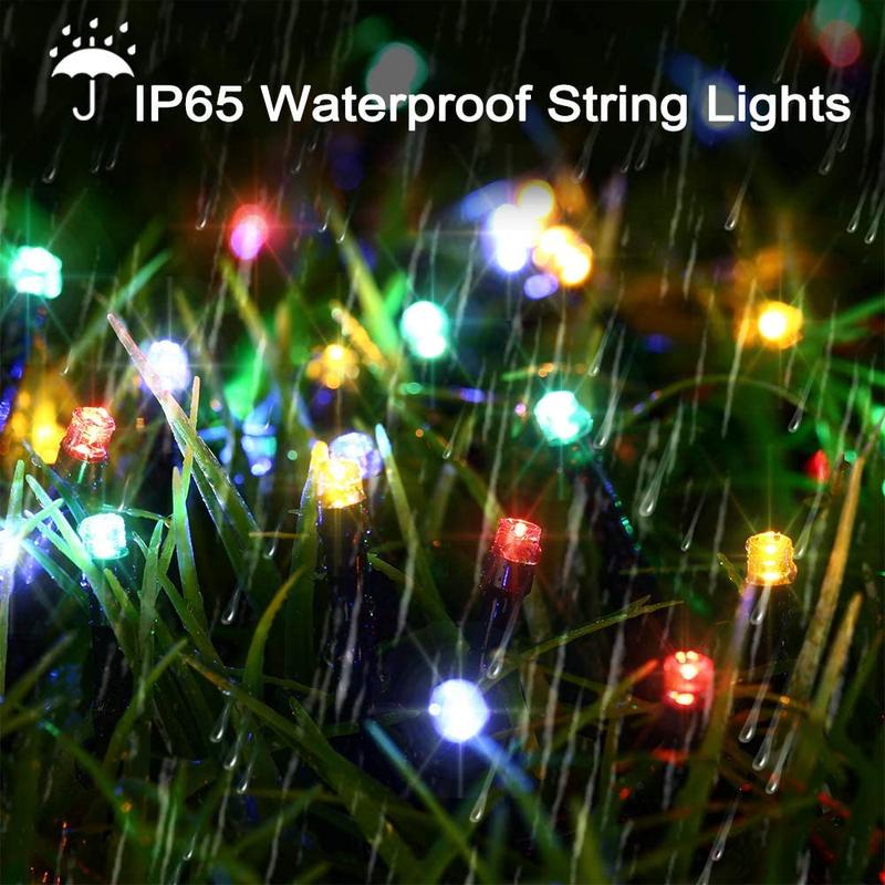 Outdoor string lights powered by solar, casting a soft glow over a backyard seating area