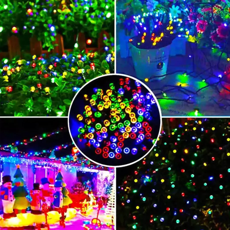 Solar powered garden lights creating a festive atmosphere, perfect for outdoor gatherings