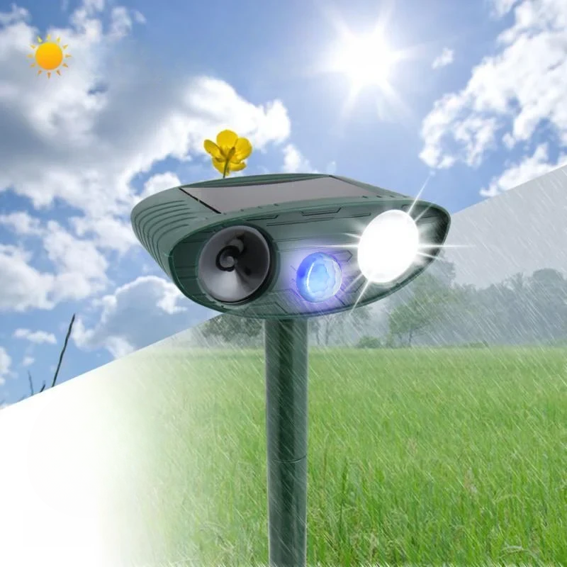 Humane solar ultrasonic deer deterrent 4-pack. Motion-activated pest control for garden & outdoor security.