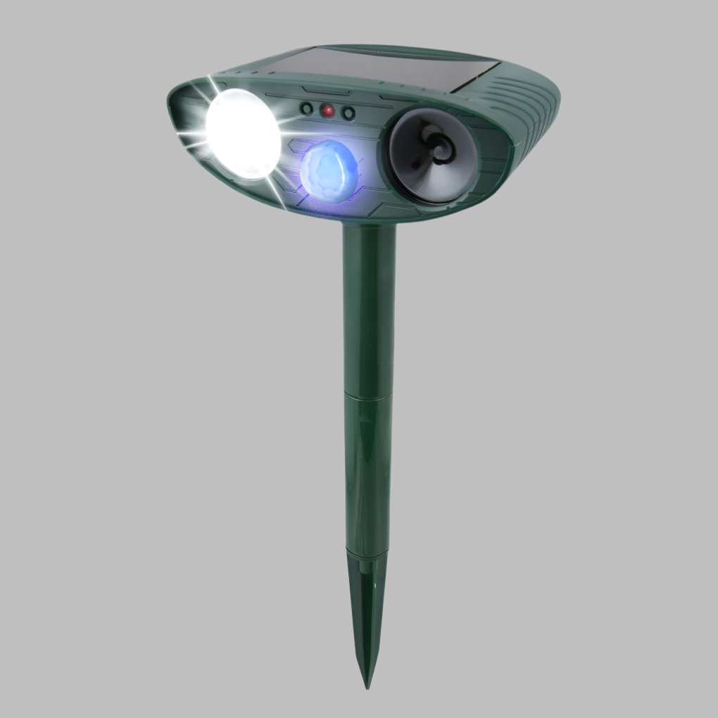 Compact solar ultrasonic rabbit repeller, a discreet humane animal deterrent for garden and yard protection.
