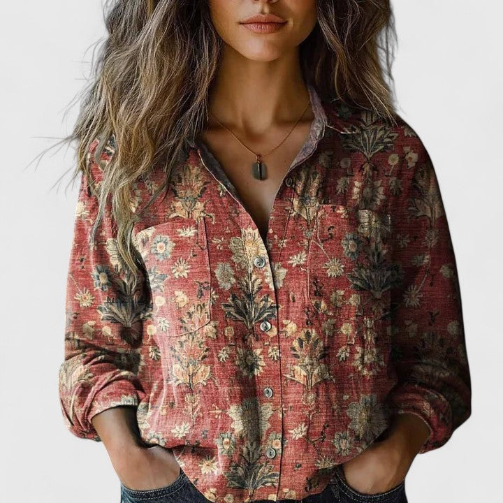 Sophisticated women's red floral blouse with lapel collar & long sleeves, ideal for office or casual wear.