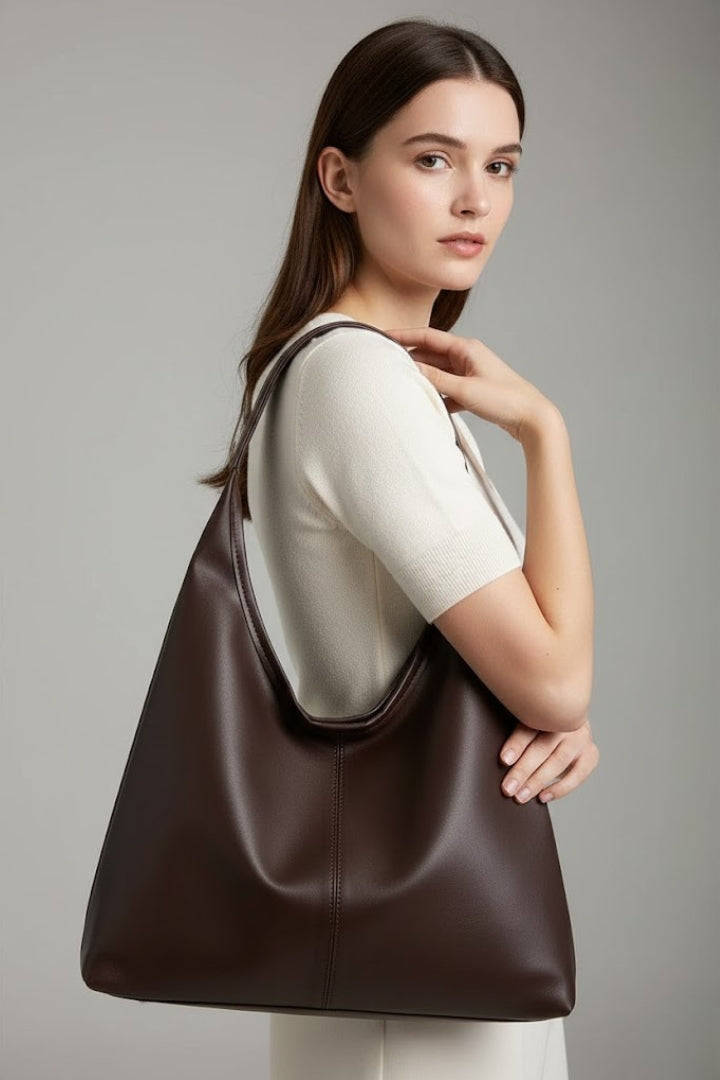 Chic coffee brown women's shoulder tote bag, spacious & stylish everyday accessory.