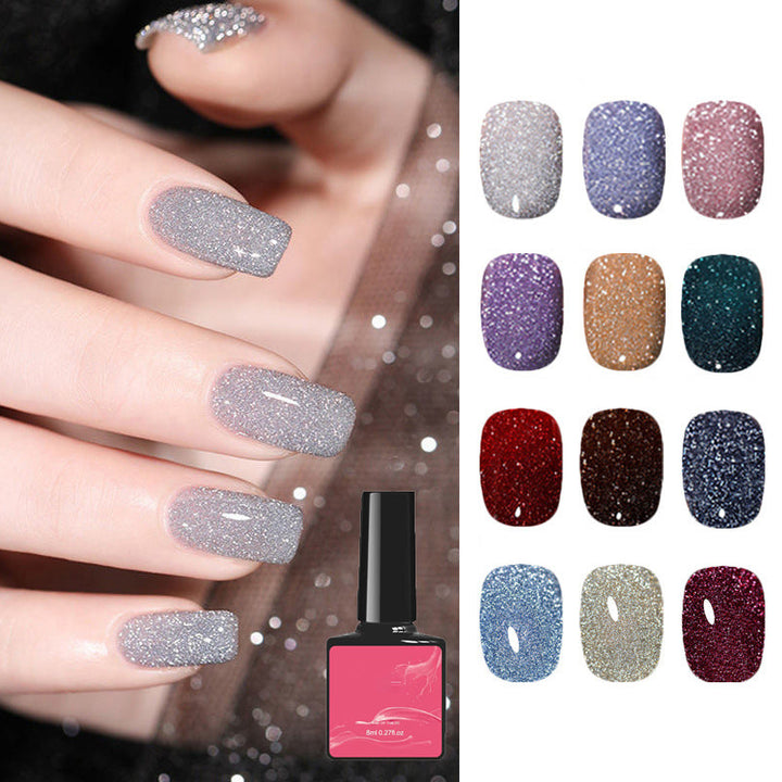 Sparkling glitter gel nail polish bottle, long-lasting UV LED formula for shimmer nails
