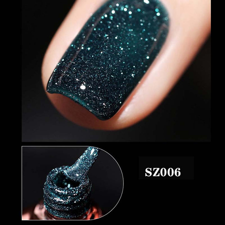 Long-lasting sparkling glitter gel polish on a color wheel, showing diverse shimmer options