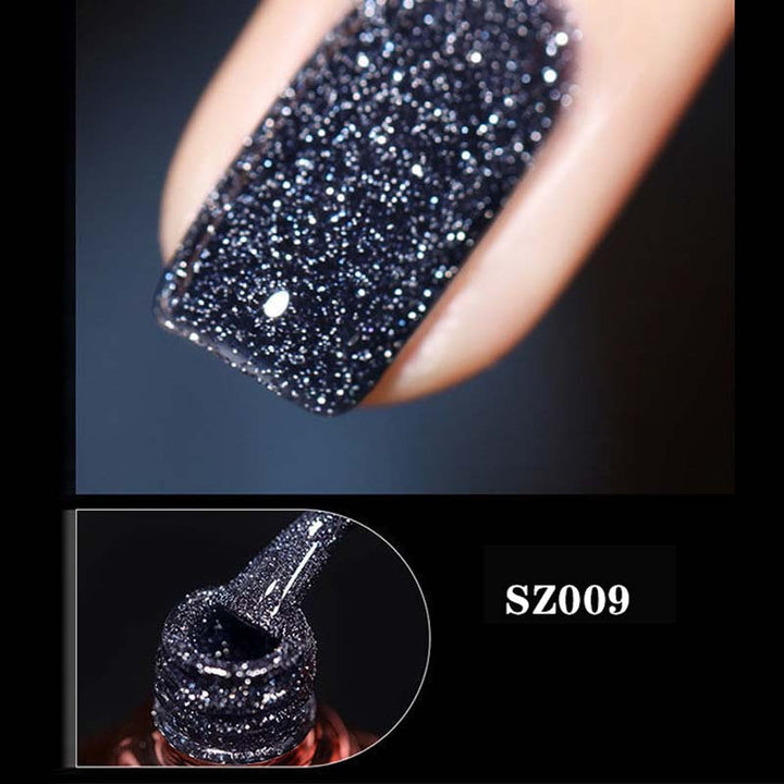 Sparkling glitter gel nail polish against a glamorous background, highlighting its long-lasting beauty