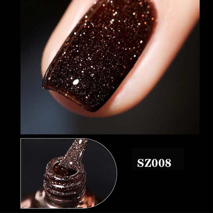 Comparing a regular polish to sparkling glitter gel, emphasizing the long-lasting shimmer