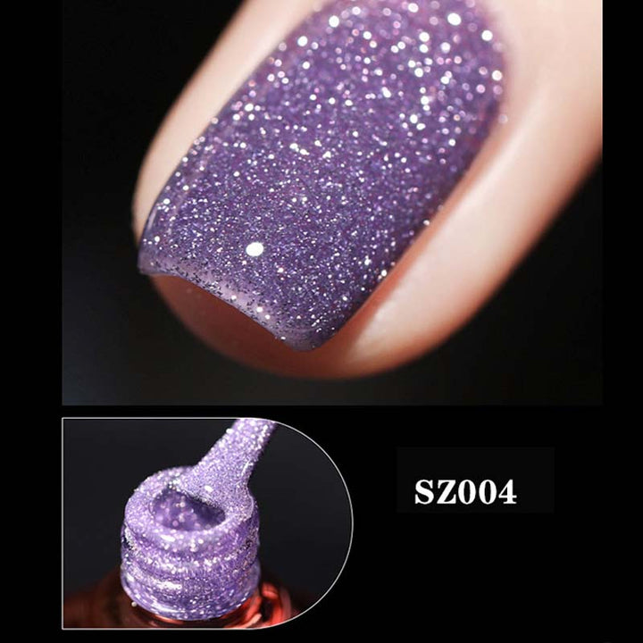 Sparkling glitter gel nail polish bottle with a focus on its long-lasting UV LED formula