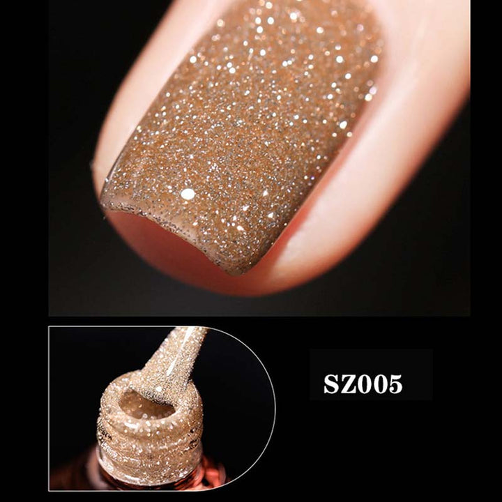Finished long-lasting shimmering manicure with sparkling glitter gel polish, showcasing beauty