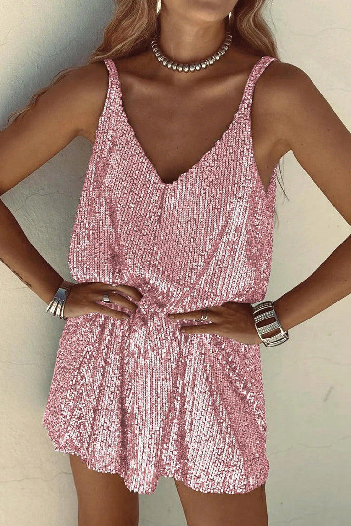 Chic women's sequin mini dress, V-neck, sleeveless. A stunning party, prom, cocktail, or evening wear option.
