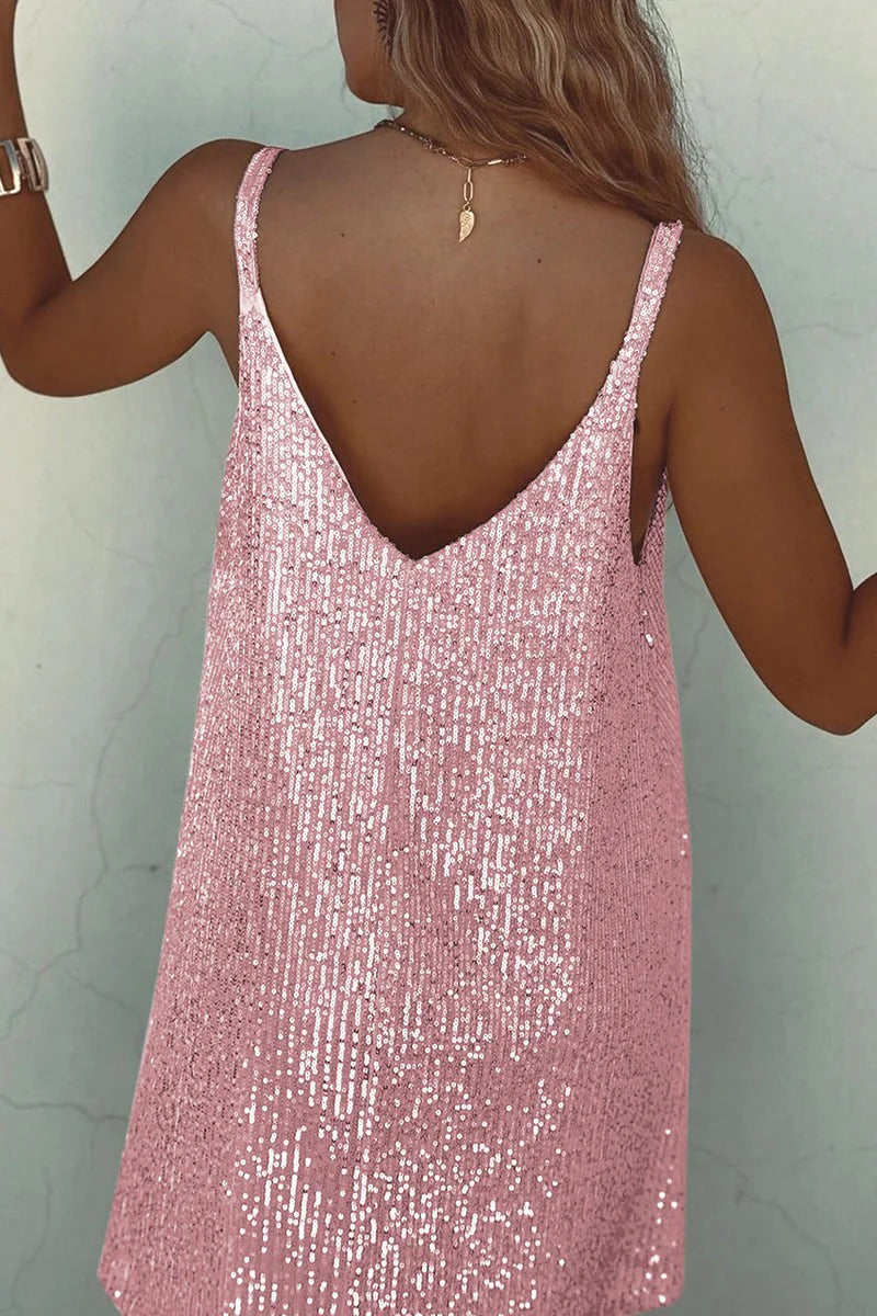 Dazzling women's V-neck sleeveless sequin mini dress, ideal for prom, parties, and special evening events.