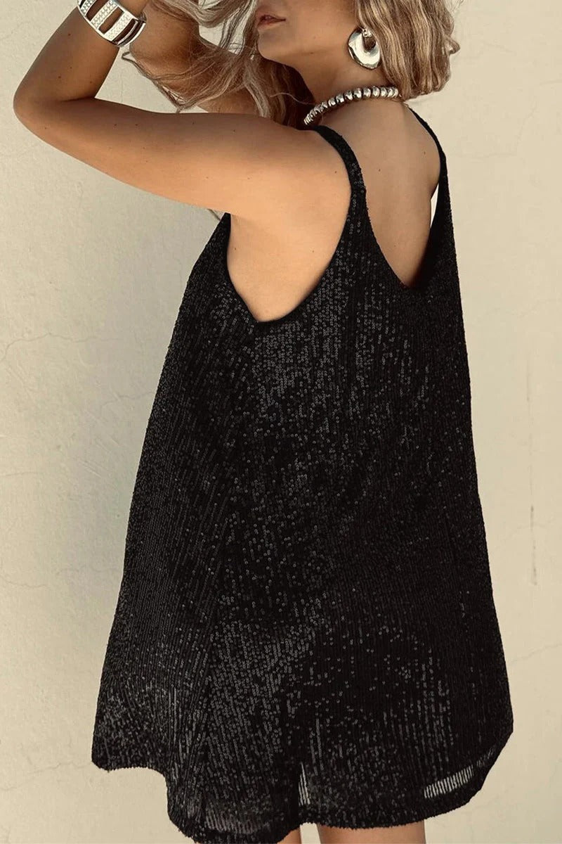 Women's sequin mini prom dress. Sleeveless V-neck party, cocktail, and evening wear.